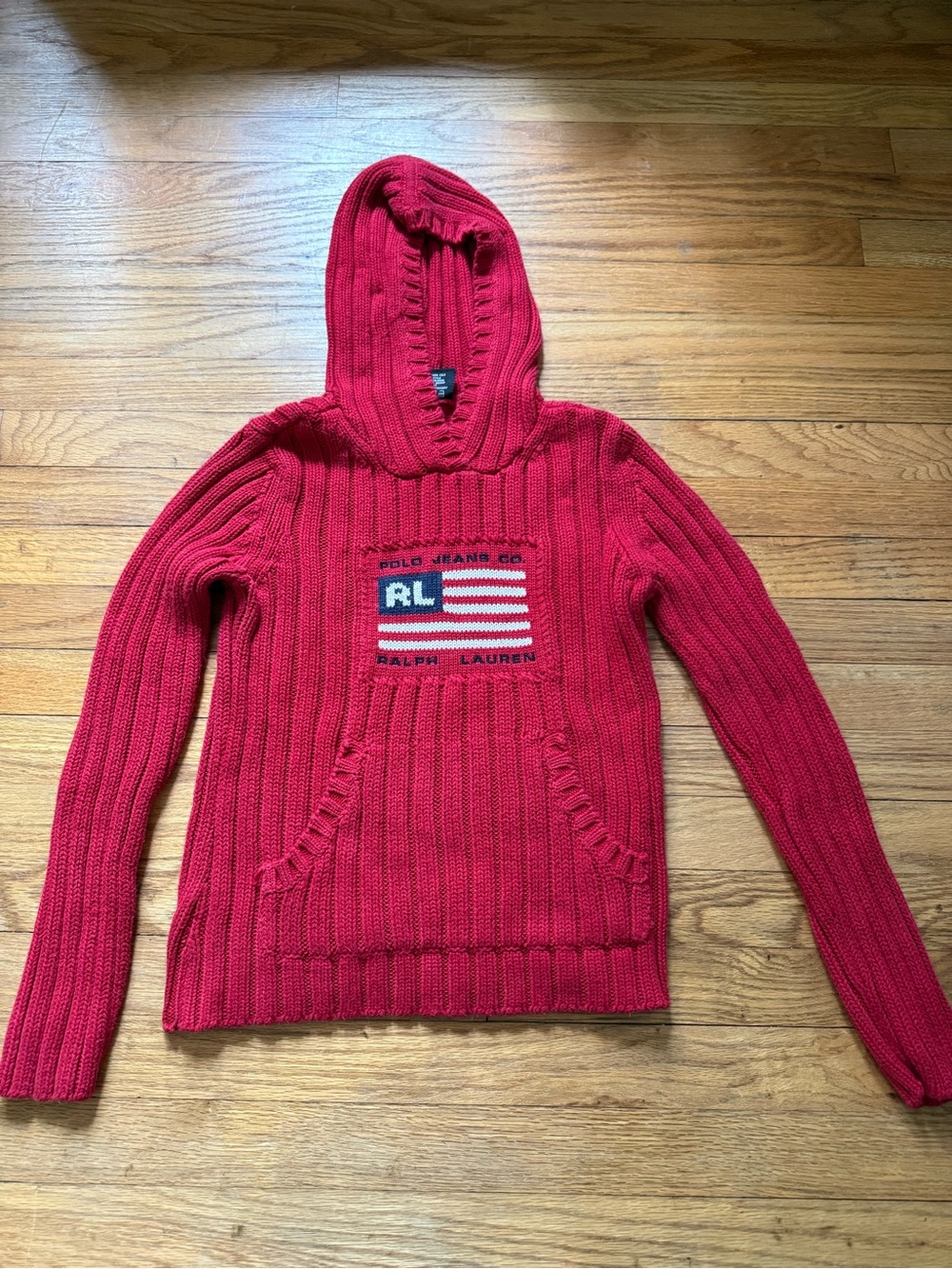 open offers vintage Ralph Lauren Red Ribbed Hooded Pullover with Logo Patch